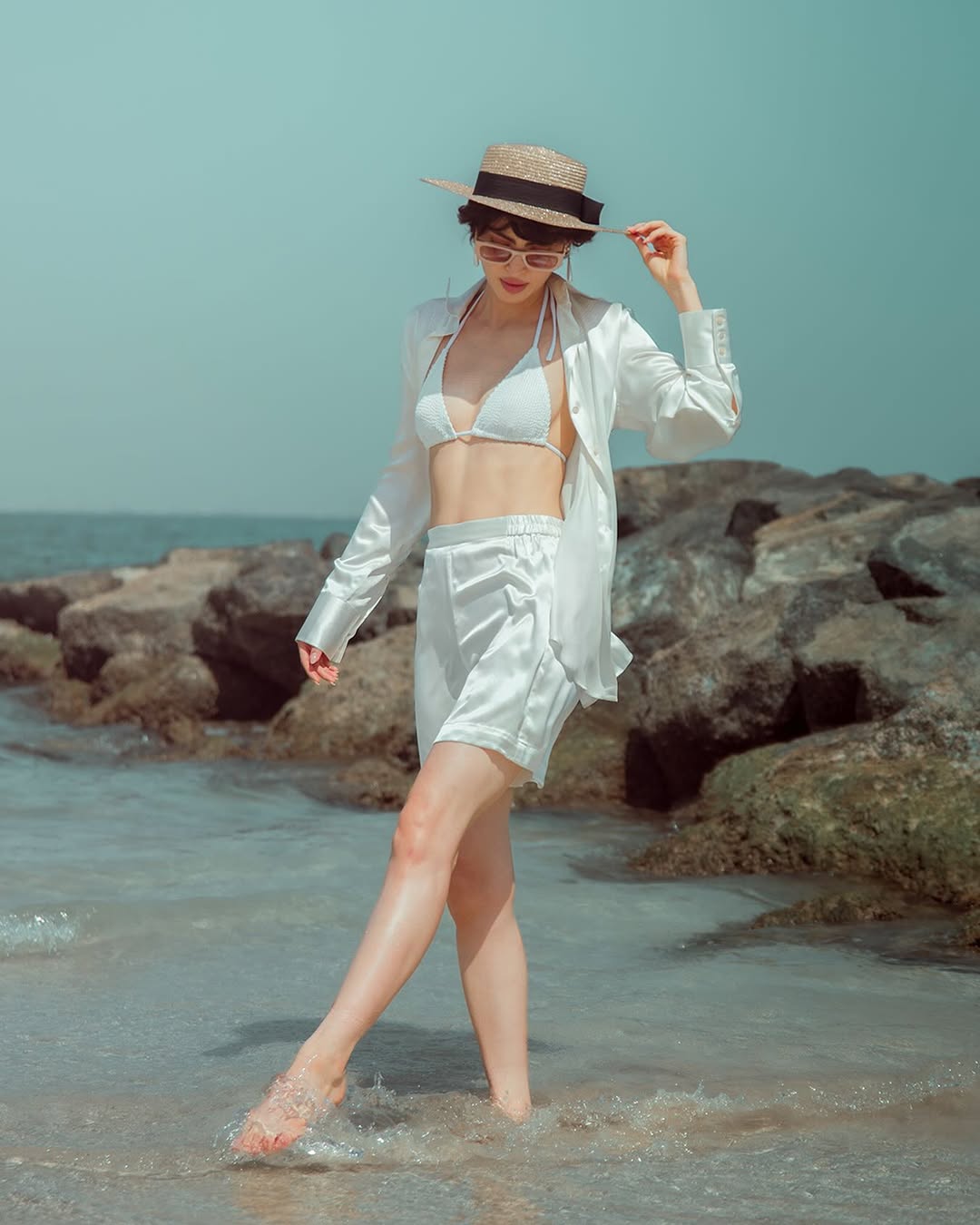 Riviera White Silk Shorts Set